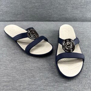 CROCS - Sanrah Silver Medallion Slide Navy Blue Sandal Size 10  B4